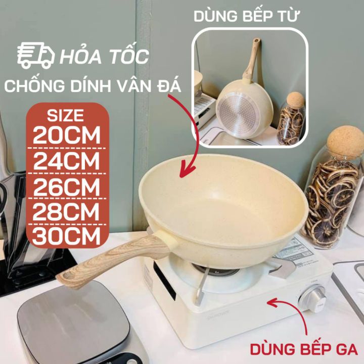 CHẢO NHẬT CHỐNG DÍNH SÂU LÒNG 28CM 10 Chảo Vân Đá Chống Dính Sâu Lòng Emoojoo Kiểu Nhật Chảo Xào Nấu Màu Kem Cán